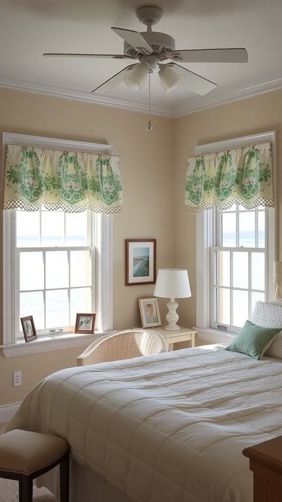 Coastal bedroom with charming window treatments and a ceiling fan.