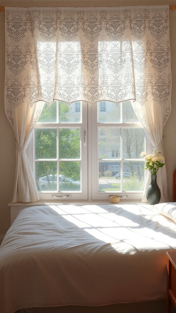 A cozy bedroom window with lace curtains and a vase of flowers on the sill.
