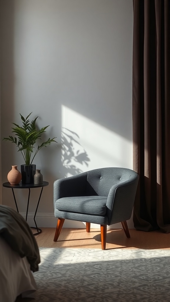 A chic accent chair in a dark feminine bedroom, paired with a side table and a plant.