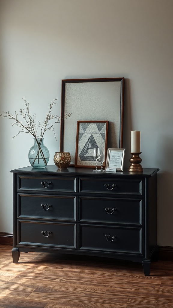 A stylish black dresser with decor items, including a vase, framed artwork, and a candle.