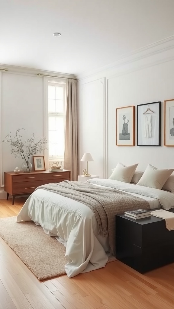 A chic minimalist bedroom featuring a light color palette, wooden furniture, and elegant decor.
