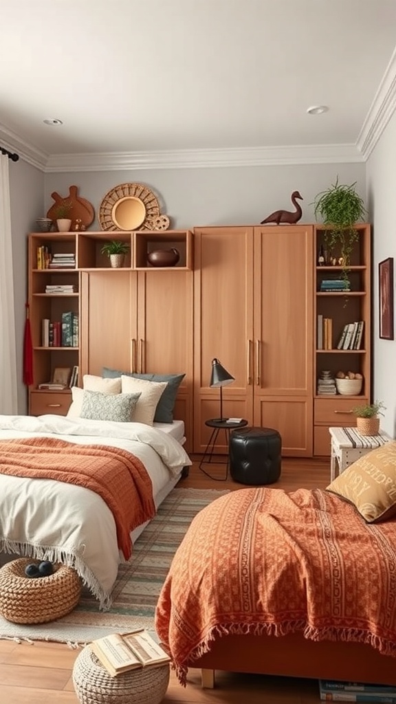 A cozy boho bedroom featuring two beds with warm blankets, wooden storage cabinets, and decorative items on shelves.