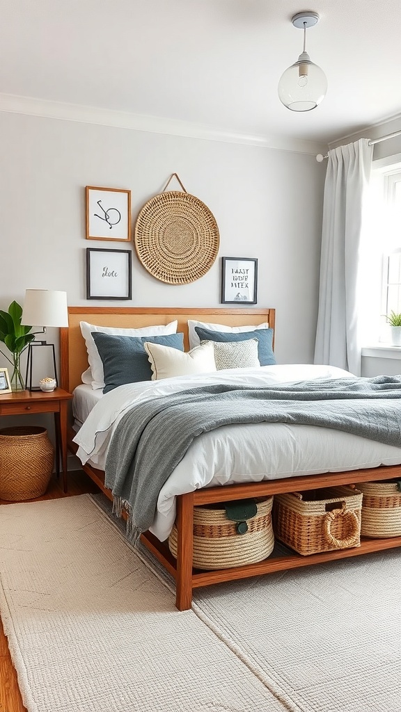 A stylish bedroom featuring a bed with woven baskets underneath, framed art on the walls, and a cozy atmosphere.