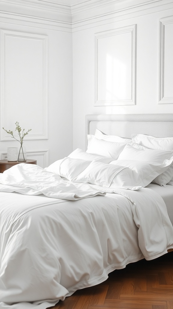 A cozy bedroom featuring classic white bedding, soft pillows, and natural light.