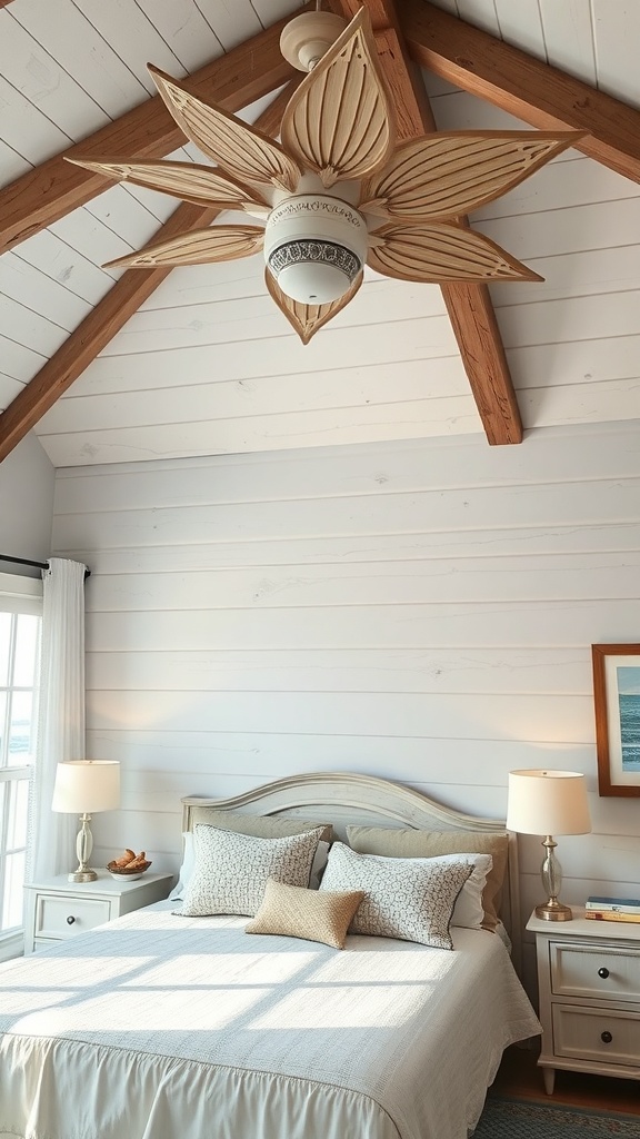 A coastal-inspired ceiling fan with leaf-shaped blades in a bedroom with vaulted ceilings.