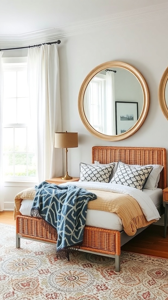 A coastal-inspired bedroom featuring two round mirrors above a woven bed with soft bedding and a cozy throw.
