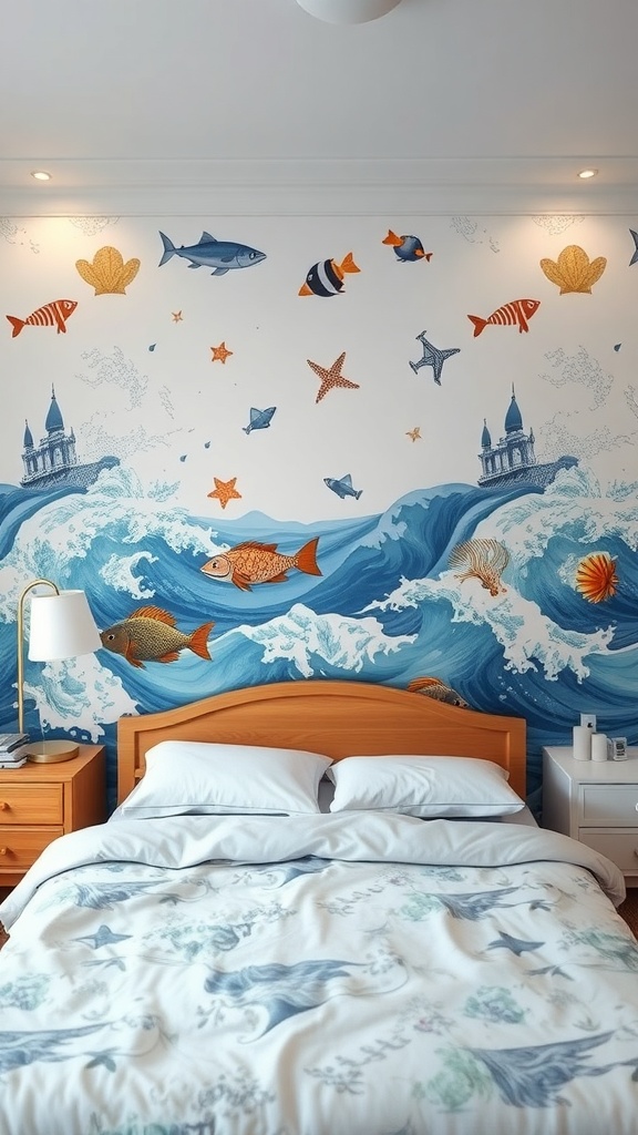 A coastal themed bedroom with vibrant wallpaper featuring waves and colorful fish.