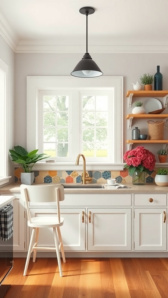 A cozy farmhouse breakfast nook featuring a colorful hexagonal tile backsplash, white cabinetry, and wooden flooring.