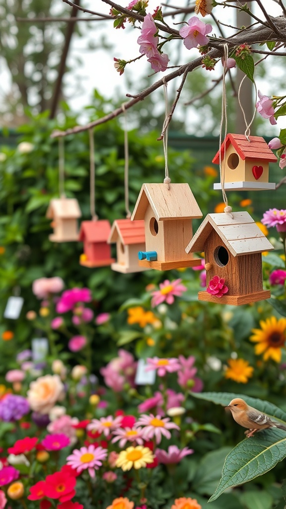 Colorful birdhouses hanging from a branch with flowers in the background