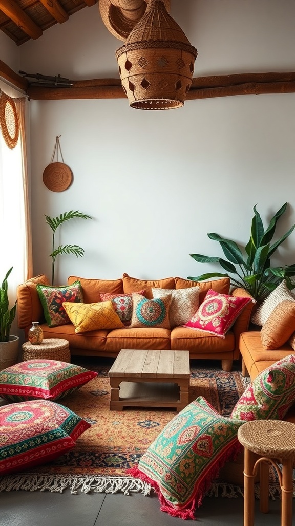 A boho living room featuring an orange sofa with colorful cushions and pillows, a wooden coffee table, and a cozy atmosphere.