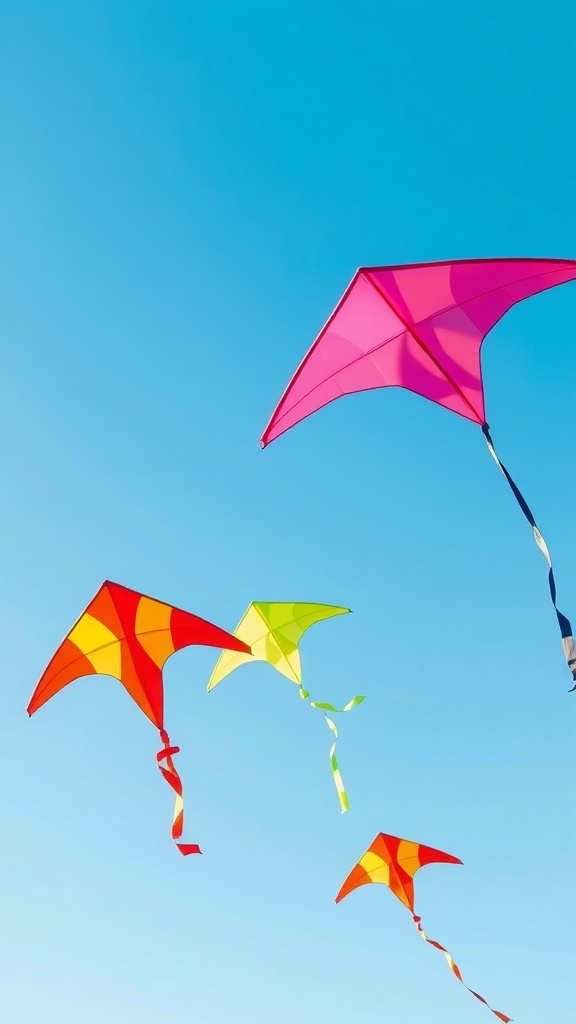 Colorful kites flying in a clear blue sky