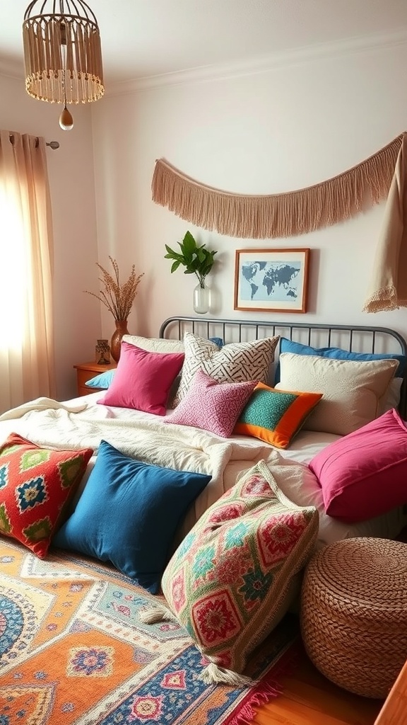 A boho bedroom featuring colorful throw pillows on a bed and floor, with warm lighting and decorative elements.