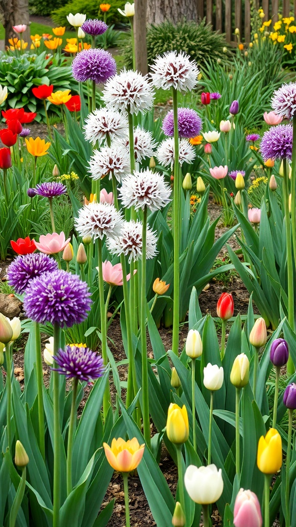 Colorful garden featuring alliums and tulips in bloom