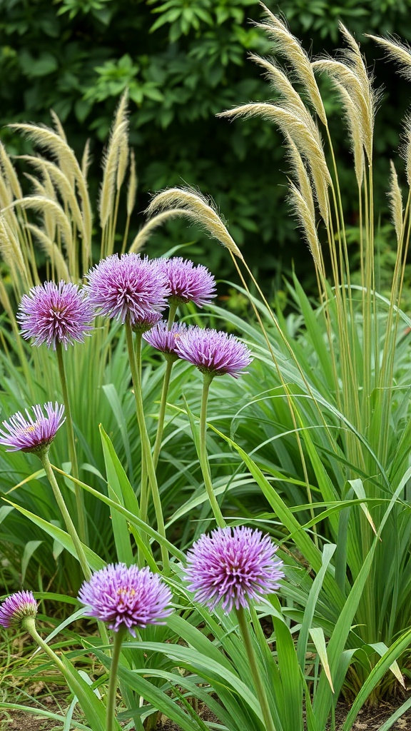 Alliums with purple blooms surrounded by ornamental grasses in a garden