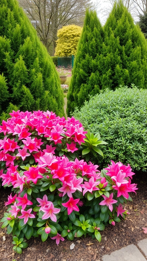 A vibrant display of pink azaleas in front of lush green evergreens.