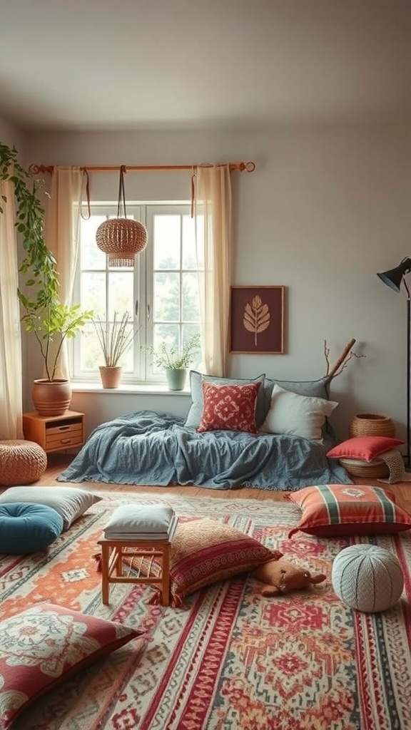 A cozy boho bedroom with various floor cushions scattered on a patterned rug, featuring a bed with a blue cover and a window with light curtains.