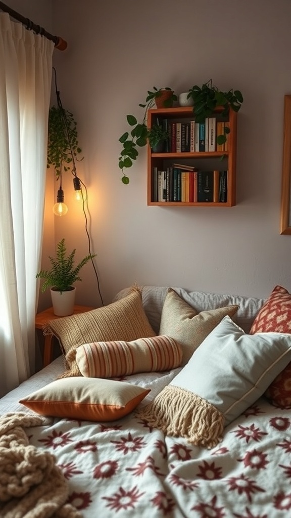 A cozy reading nook with pillows, a blanket, and a bookshelf in a boho bedroom.