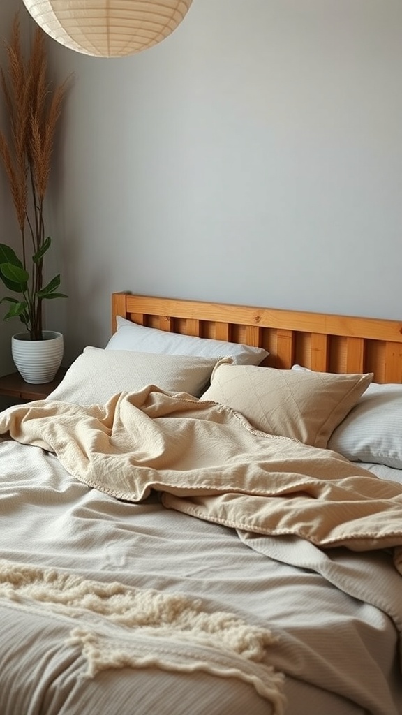 A cozy boho bedroom featuring textured bedding in neutral tones, a wooden bed frame, and a plant.