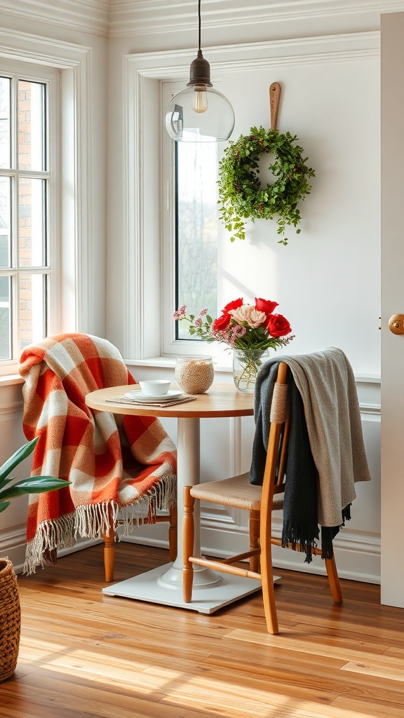 A cozy breakfast nook with two chairs draped in colorful throws, a small table, and a vase of flowers.