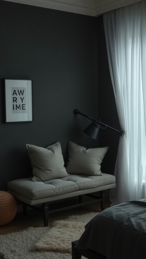 Cozy seating area in a dark feminine bedroom with soft cushions and a stylish lamp.