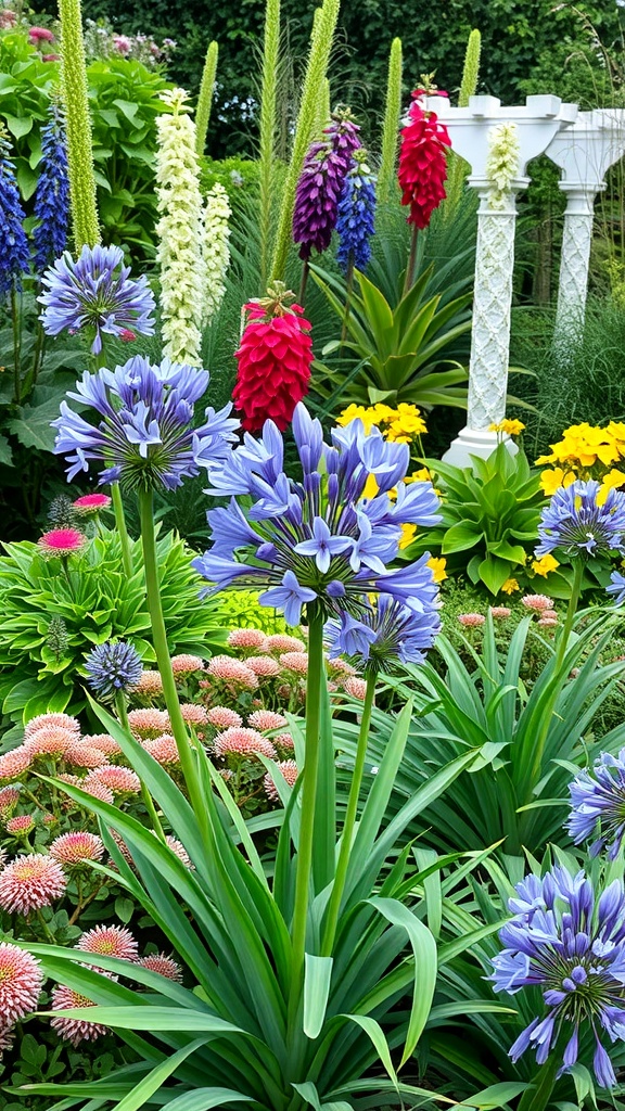 A colorful garden featuring agapanthus flowers surrounded by various vibrant plants.