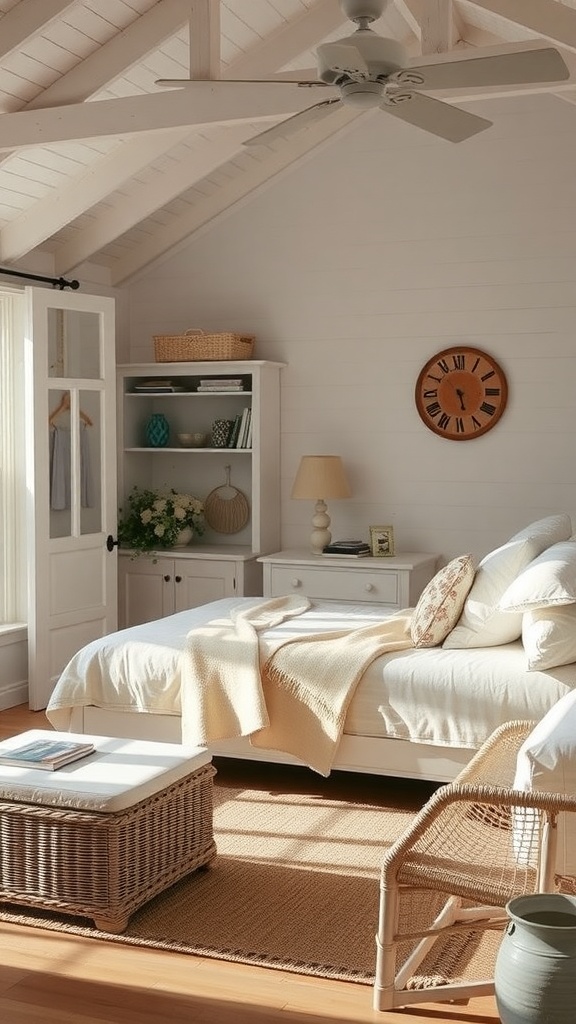 A cozy coastal bedroom with white linens, wicker furniture, and natural light.