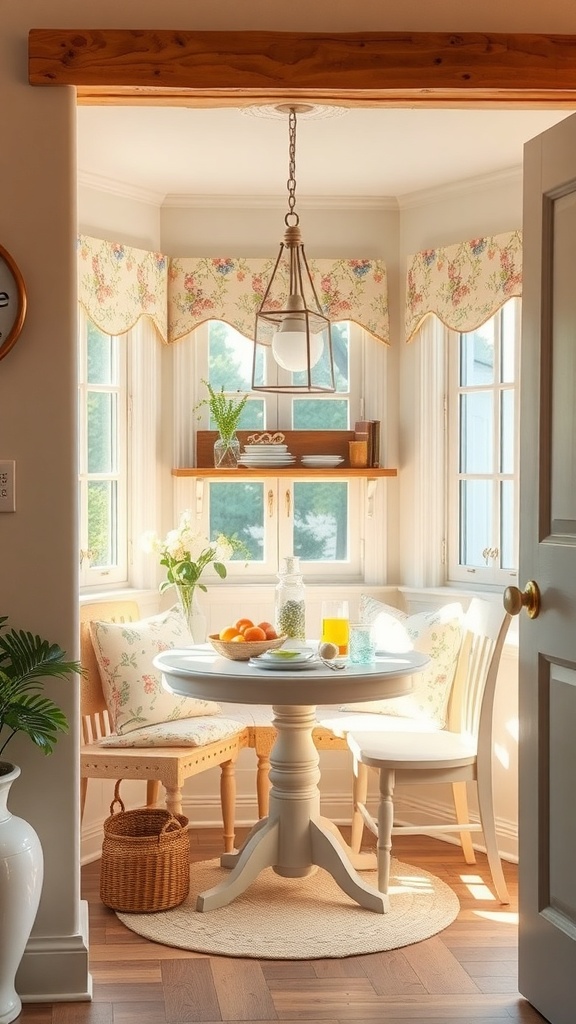 Cozy cottage-style breakfast nook with floral curtains, round table, and fresh fruits.