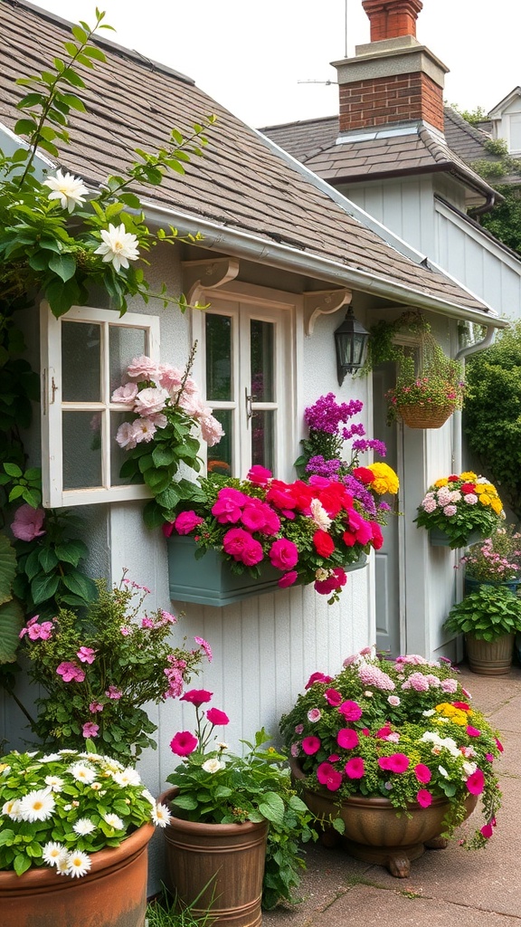 A charming cottage with colorful flower boxes filled with vibrant blooms.