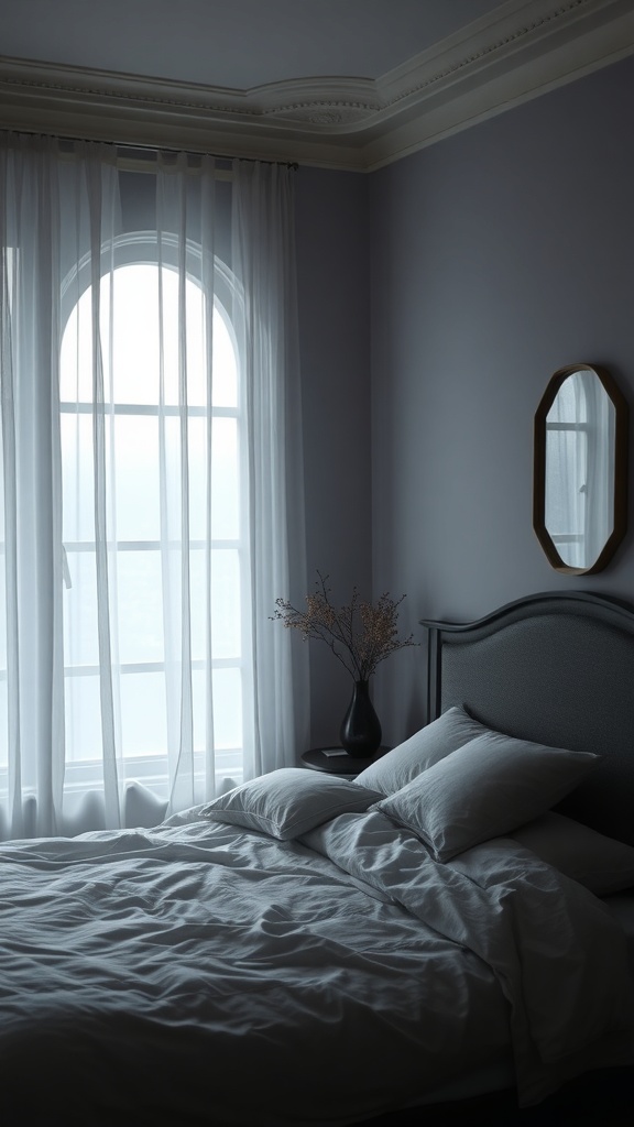 A cozy bedroom with light gray walls, soft bedding, and sheer curtains, featuring a large window and a vase with dried flowers.
