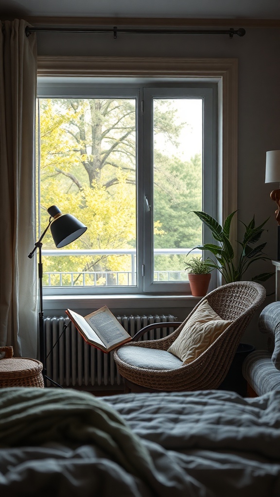Cozy reading nook with a comfortable chair, a book open on a stand, a lamp, and a view of trees outside the window.