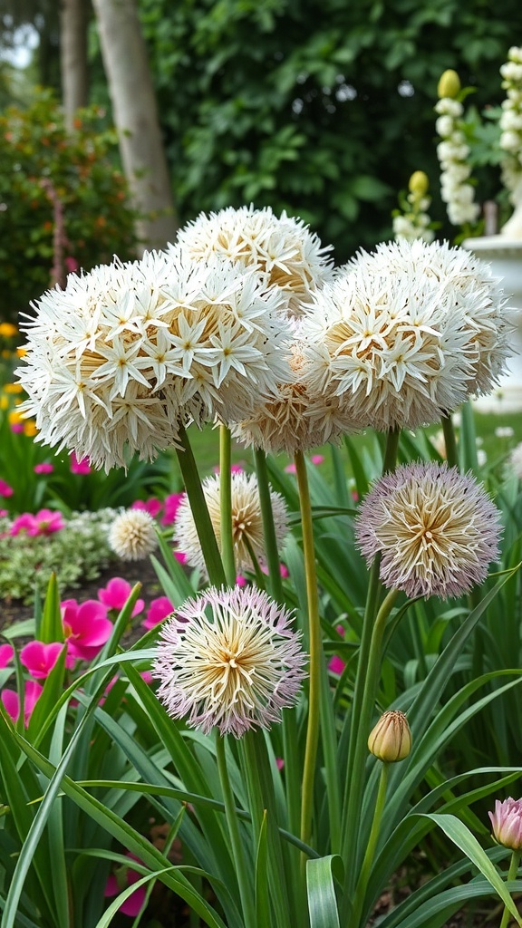 A garden featuring tall allium flowers with star-shaped blooms in white and pink, surrounded by vibrant pink flowers.