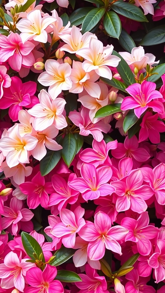 A vibrant display of pink and white azaleas in full bloom.