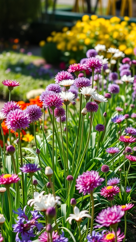 A colorful garden border featuring various alliums in shades of purple and pink, surrounded by other flowers.