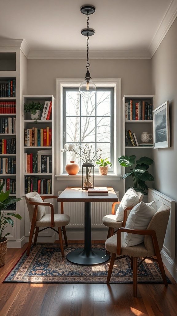 Cozy reading nook with a table, chairs, bookshelves, and plants
