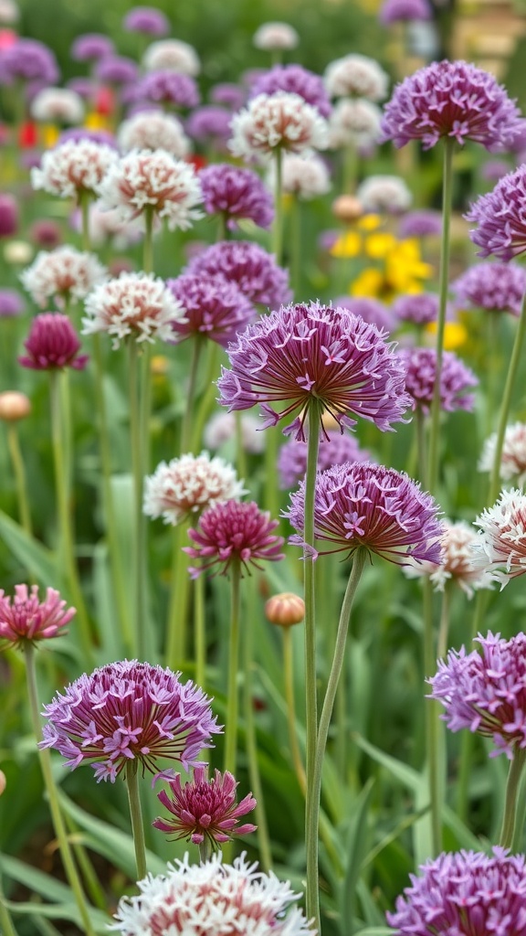 A vibrant display of purple and white allium flowers in a garden