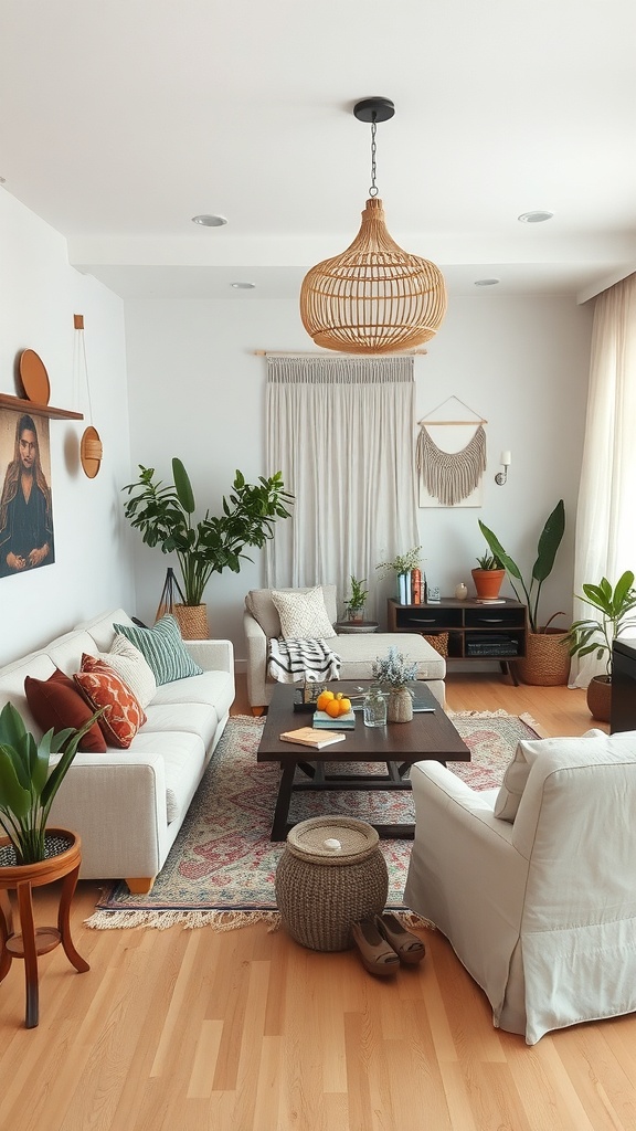 A cozy boho living room featuring light-colored sofas, a wooden coffee table, plants, and a rattan pendant light.
