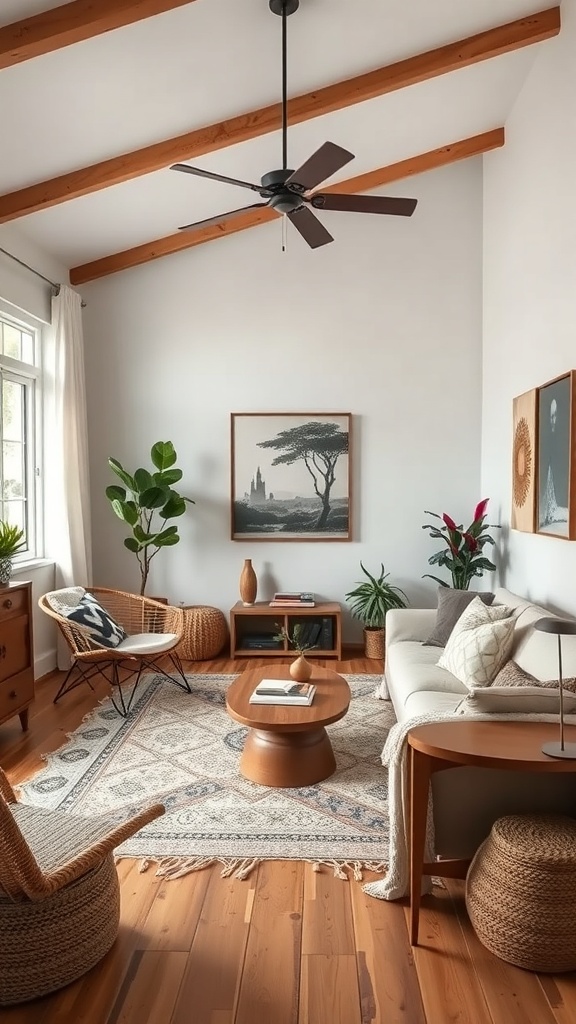 A cozy boho living room featuring natural materials, plants, and versatile seating.
