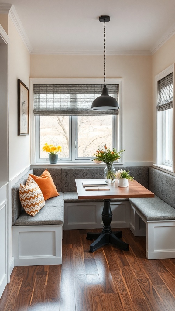 A cozy breakfast nook with a wooden table, cushioned benches, and natural light from windows.
