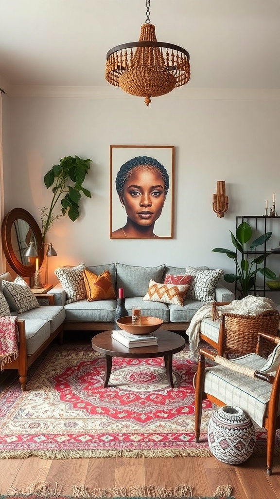 A cozy boho living room featuring a gray couch with colorful cushions, a patterned rug, plants, and a unique chandelier.