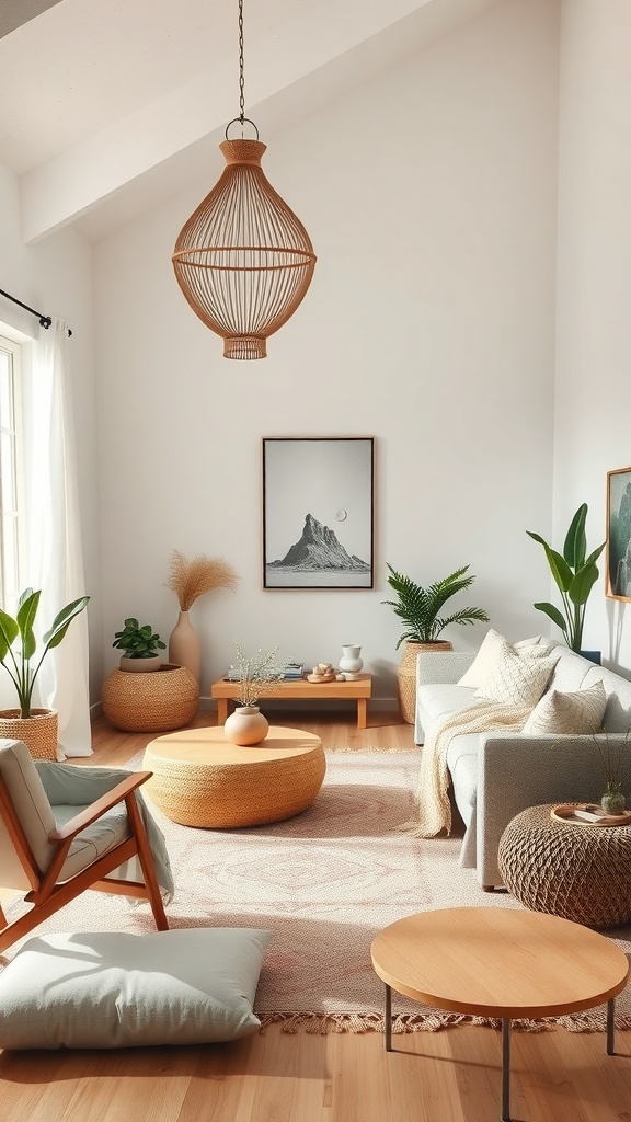 A cozy Boho living room with natural elements, soft textures, and plants.