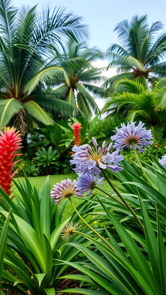 A vibrant garden featuring Agapanthus flowers surrounded by palm trees and lush greenery.