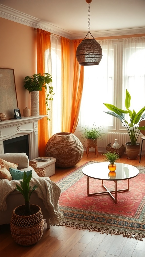 A warm and inviting boho living room with orange curtains, plants, and cozy furniture.