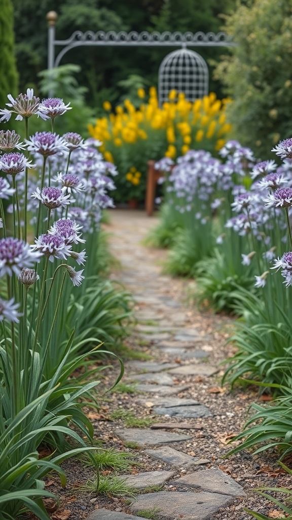 A picturesque stone pathway lined with purple alliums, leading to a decorative archway and vibrant yellow flowers in the background.