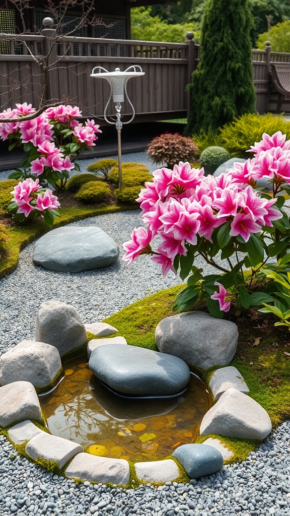 A serene Zen garden featuring vibrant pink azaleas, smooth stones, and a small pond.