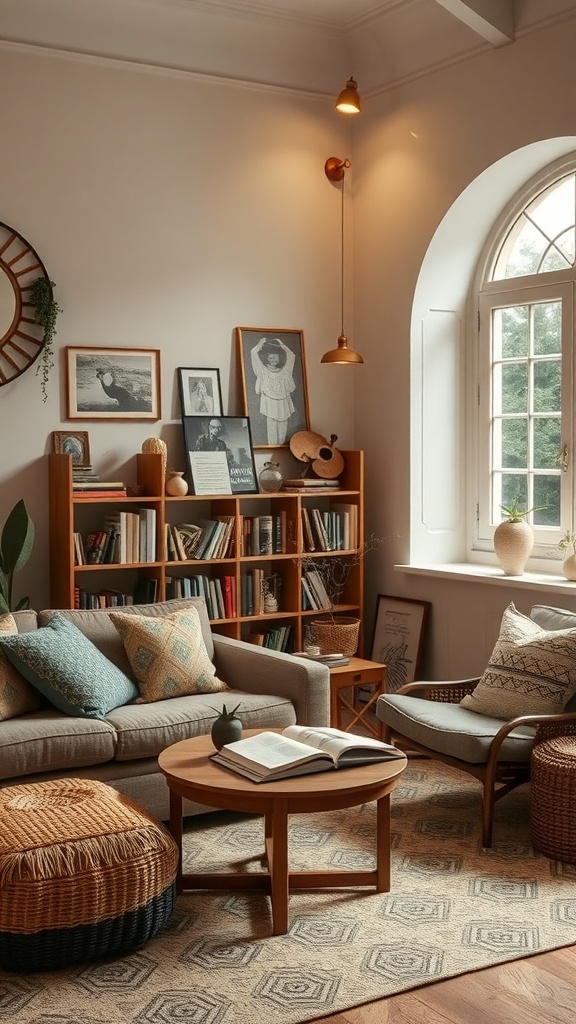 A cozy boho living room featuring a comfortable sofa, patterned pillows, a round coffee table with a book, woven pouf, and bookshelves filled with books.