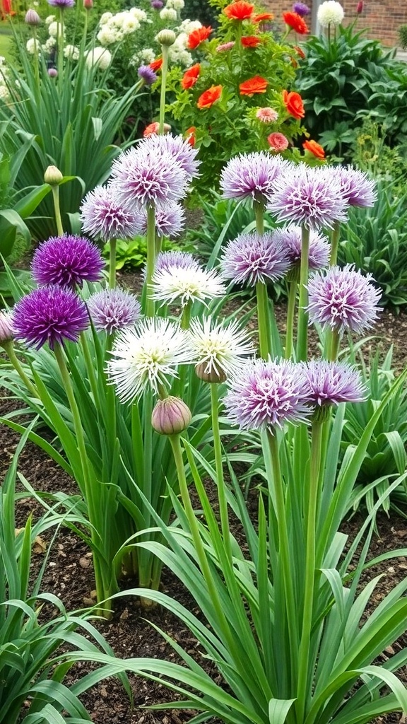 A garden featuring various alliums in purple and white, surrounded by green foliage and vibrant red flowers.