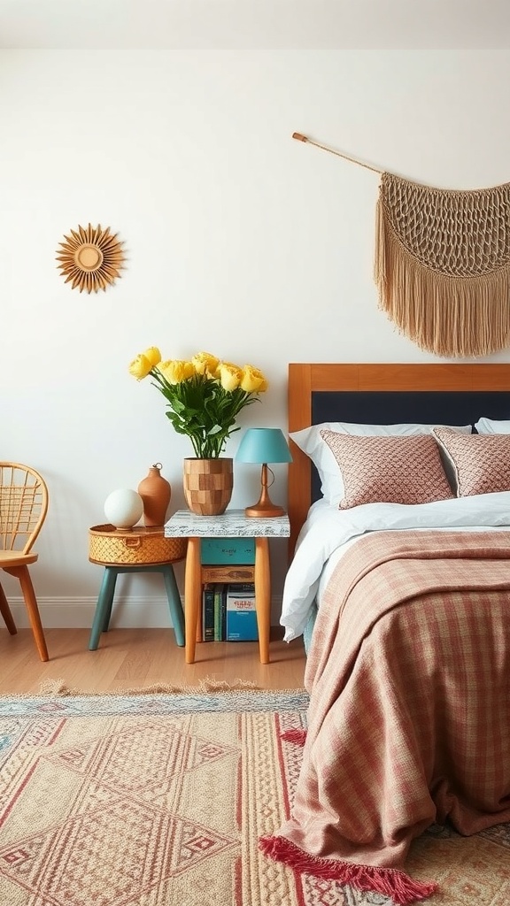 A boho bedroom featuring creative bedside tables, a cozy bed with warm bedding, and decorative elements like flowers and a rug.