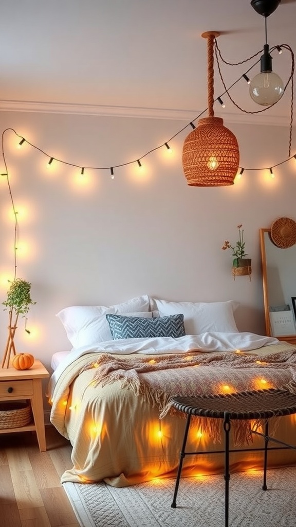 A cozy boho bedroom with warm string lights, a rattan light fixture, and a comfortable bed.