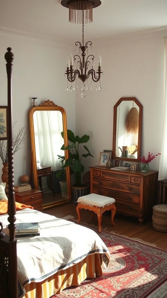 A boho bedroom featuring a large ornate mirror and a smaller mirror on a dresser, with warm lighting and cozy decor.
