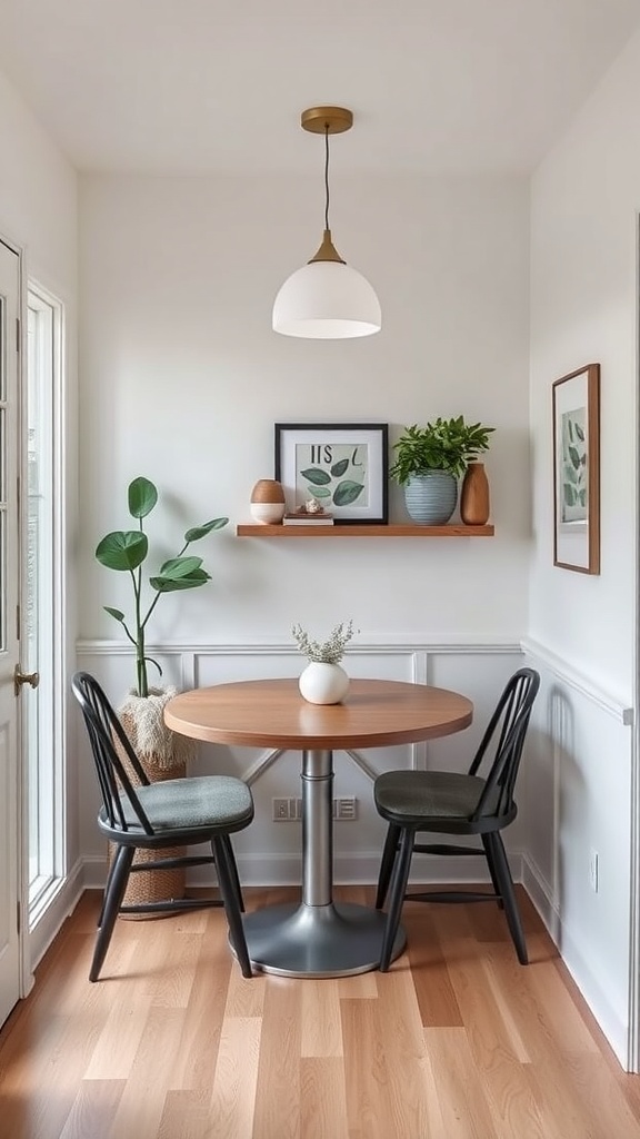 A cozy breakfast nook featuring a round table, two chairs, and decorative plants.